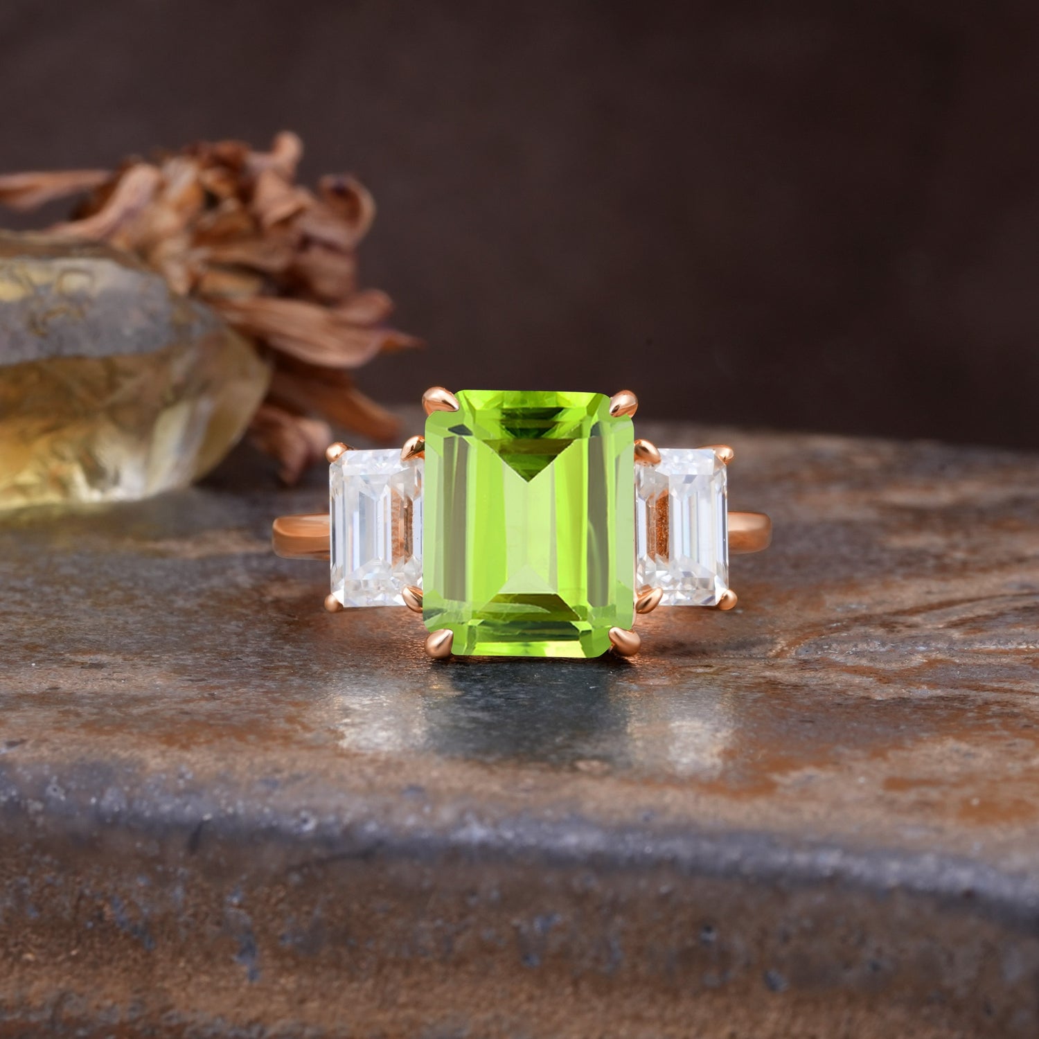 Classic, Luxurious 4-Prong Emerald Cut Peridot Three Stones Wedding Ring - Additional view