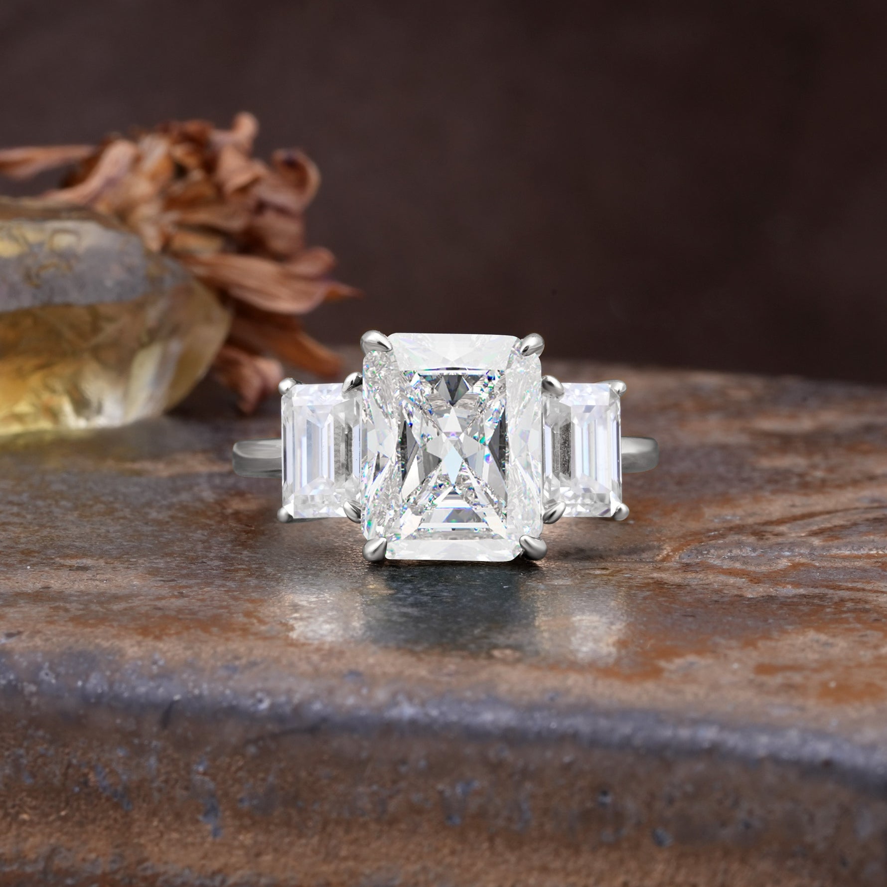 Classic, Luxurious 4-Prong Emerald Cut Moissanite Three Stones Wedding Ring - Additional view