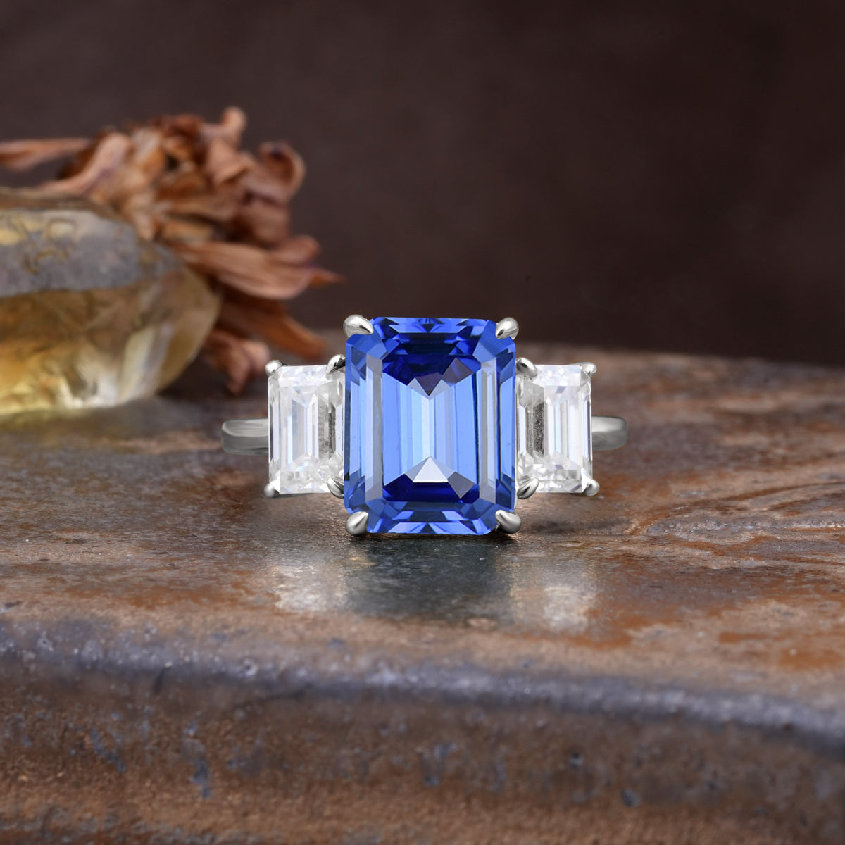 Classic, Luxurious 4-Prong Emerald Cut Sapphire Three Stones Wedding Ring - Additional view