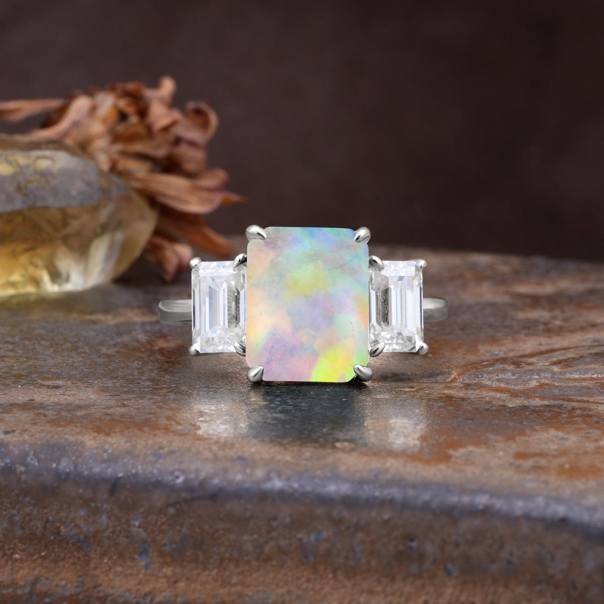 Classic, Luxurious 4-Prong Emerald Cut Fire Opal Three Stones Wedding Ring - Additional view