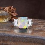 Classic, Luxurious 4-Prong Emerald Cut Fire Opal Three Stones Wedding Ring - Additional view