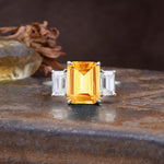 Classic, Luxurious 4-Prong Emerald Cut Citrine Three Stones Wedding Ring - Additional view
