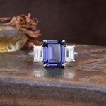 Classic, Luxurious 4-Prong Emerald Cut Tanzanite Three Stones Wedding Ring - Additional view