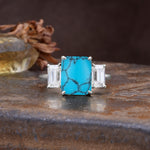 Classic, Luxurious 4-Prong Emerald Cut Turquoise Three Stones Wedding Ring - Additional view