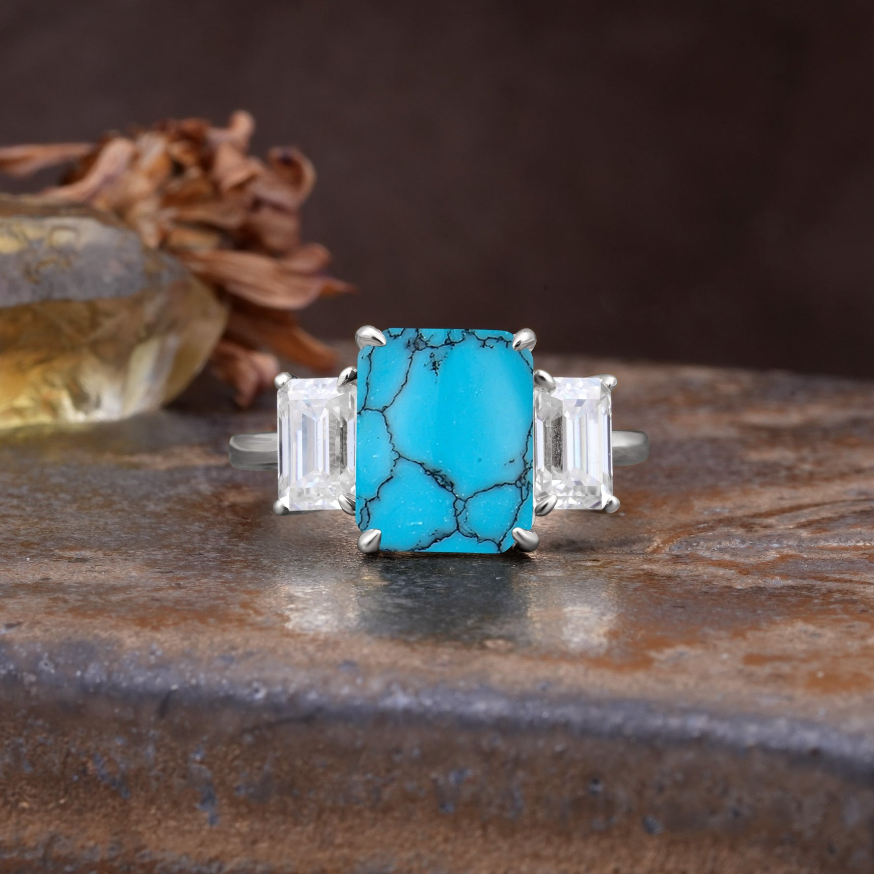 Classic, Luxurious 4-Prong Emerald Cut Turquoise Three Stones Wedding Ring - Additional view