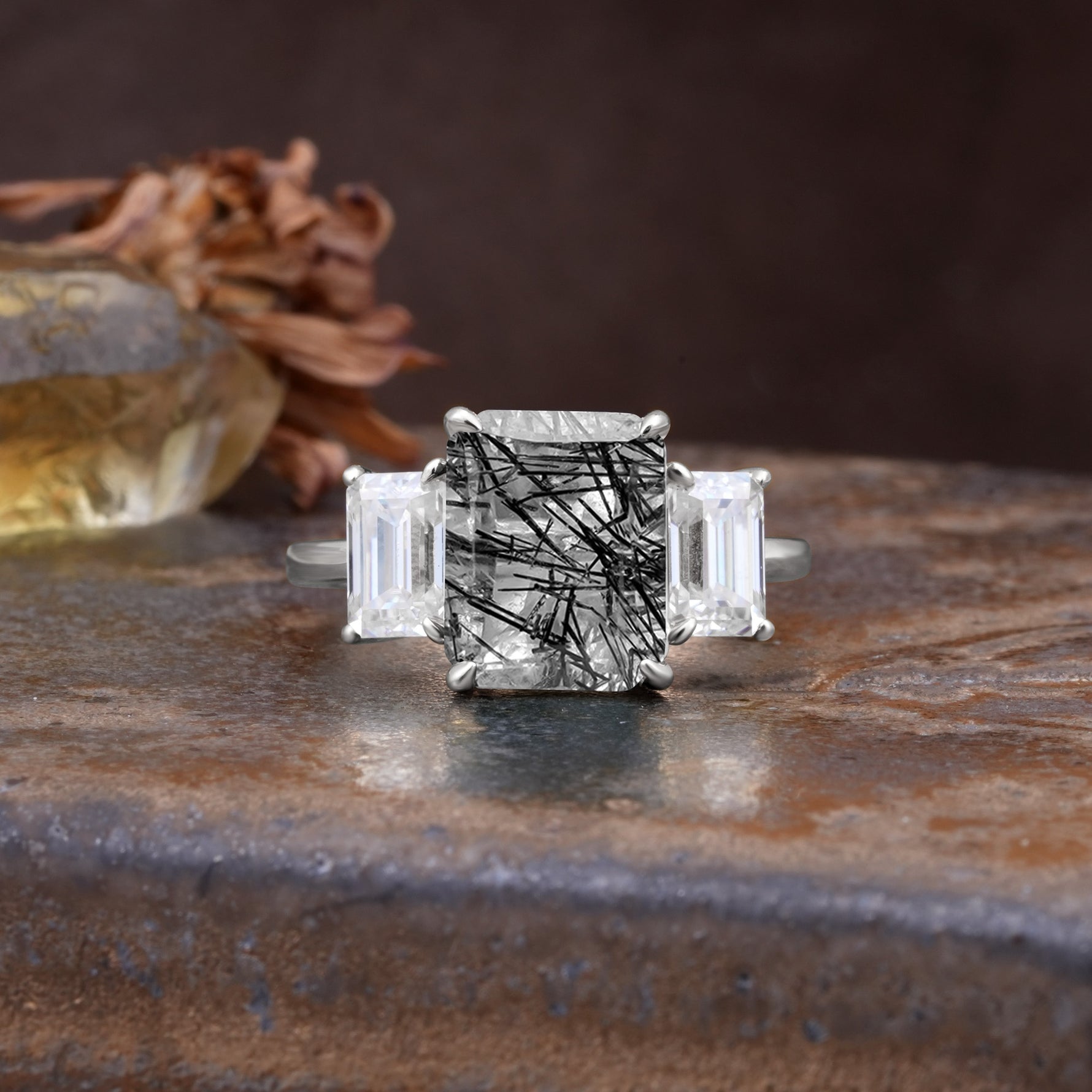 Classic, Luxurious 4-Prong Emerald Cut Black Rutilated Quartz Three Stones Wedding Ring - Additional view