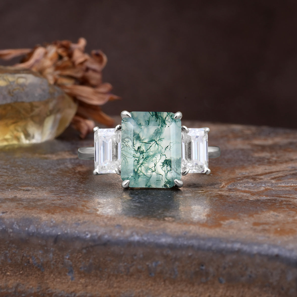 Classic, Luxurious 4-Prong Emerald Cut Moss Agate Three Stones Wedding Ring - Additional view