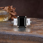 Classic, Luxurious 4-Prong Emerald Cut Black Onyx Three Stones Wedding Ring - Additional view