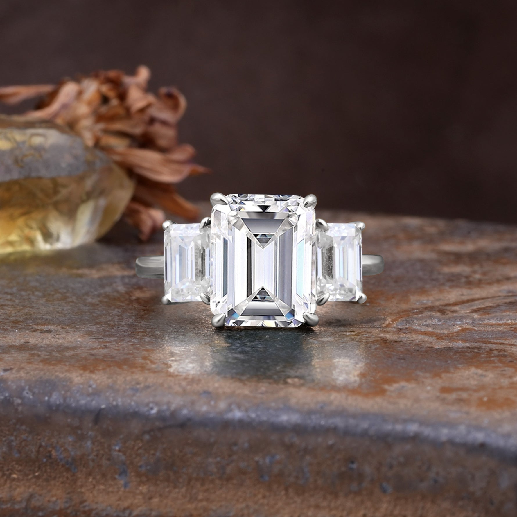 Classic, Luxurious 4-Prong Emerald Cut Lab Diamond Three Stones Wedding Ring - Additional view