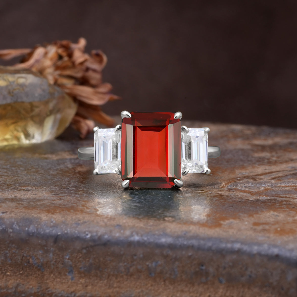 Classic, Luxurious 4-Prong Emerald Cut Garnet Three Stones Wedding Ring - Additional view