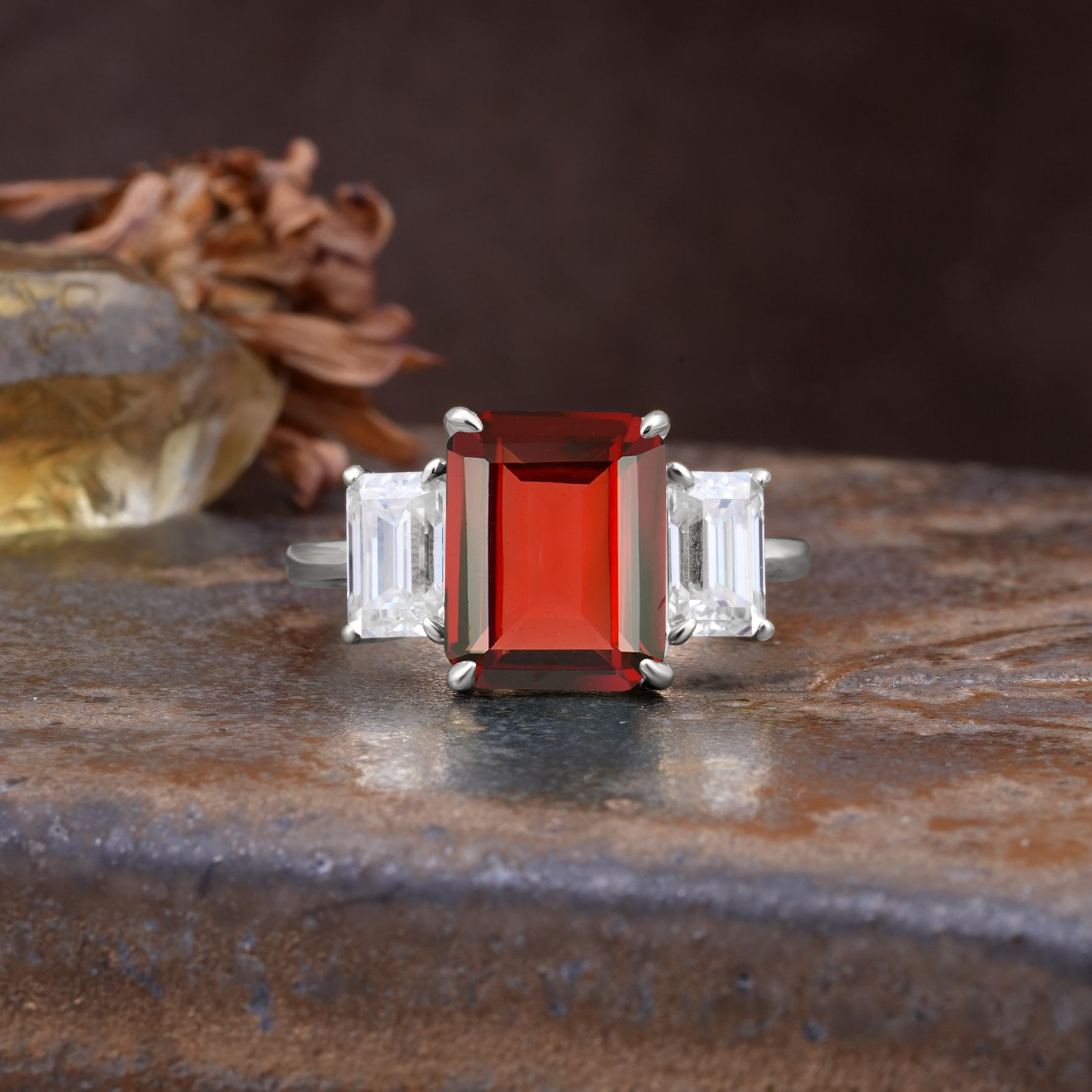 Classic, Luxurious 4-Prong Emerald Cut Garnet Three Stones Wedding Ring - Additional view