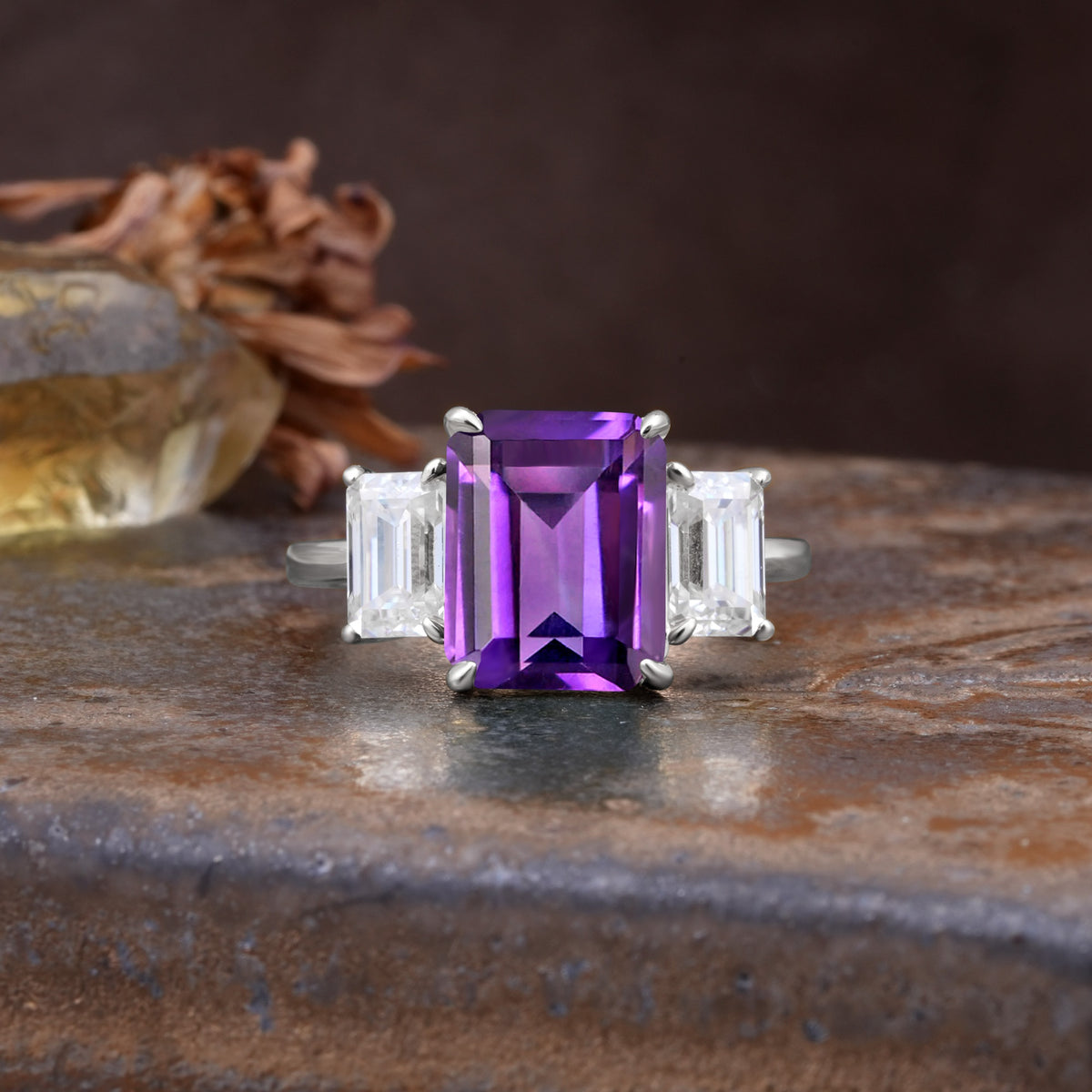 Classic, Luxurious 4-Prong Emerald Cut Amethyst Three Stones Wedding Ring - Additional view
