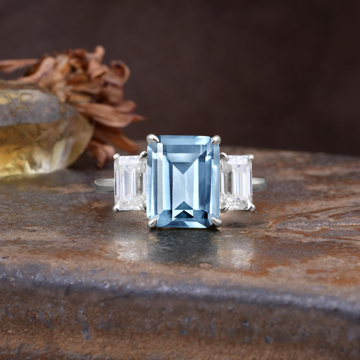 Classic, Luxurious 4-Prong Emerald Cut Aquamarine Three Stones Wedding Ring - Additional view