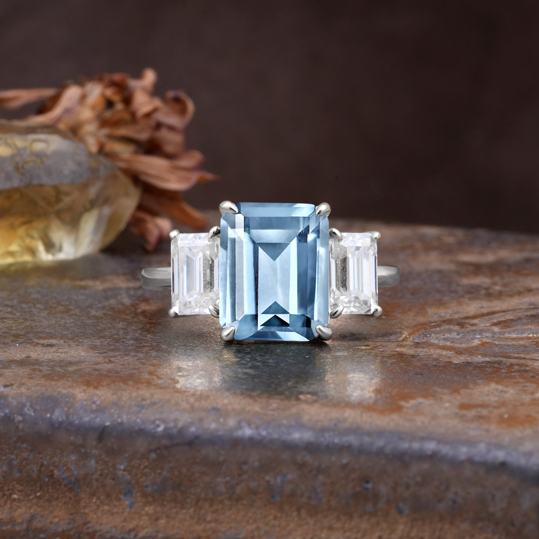 Classic, Luxurious 4-Prong Emerald Cut Aquamarine Three Stones Wedding Ring - Additional view