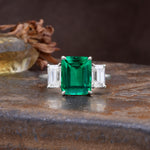 Classic, Luxurious 4-Prong Emerald Cut Emerald Three Stones Wedding Ring - Additional view