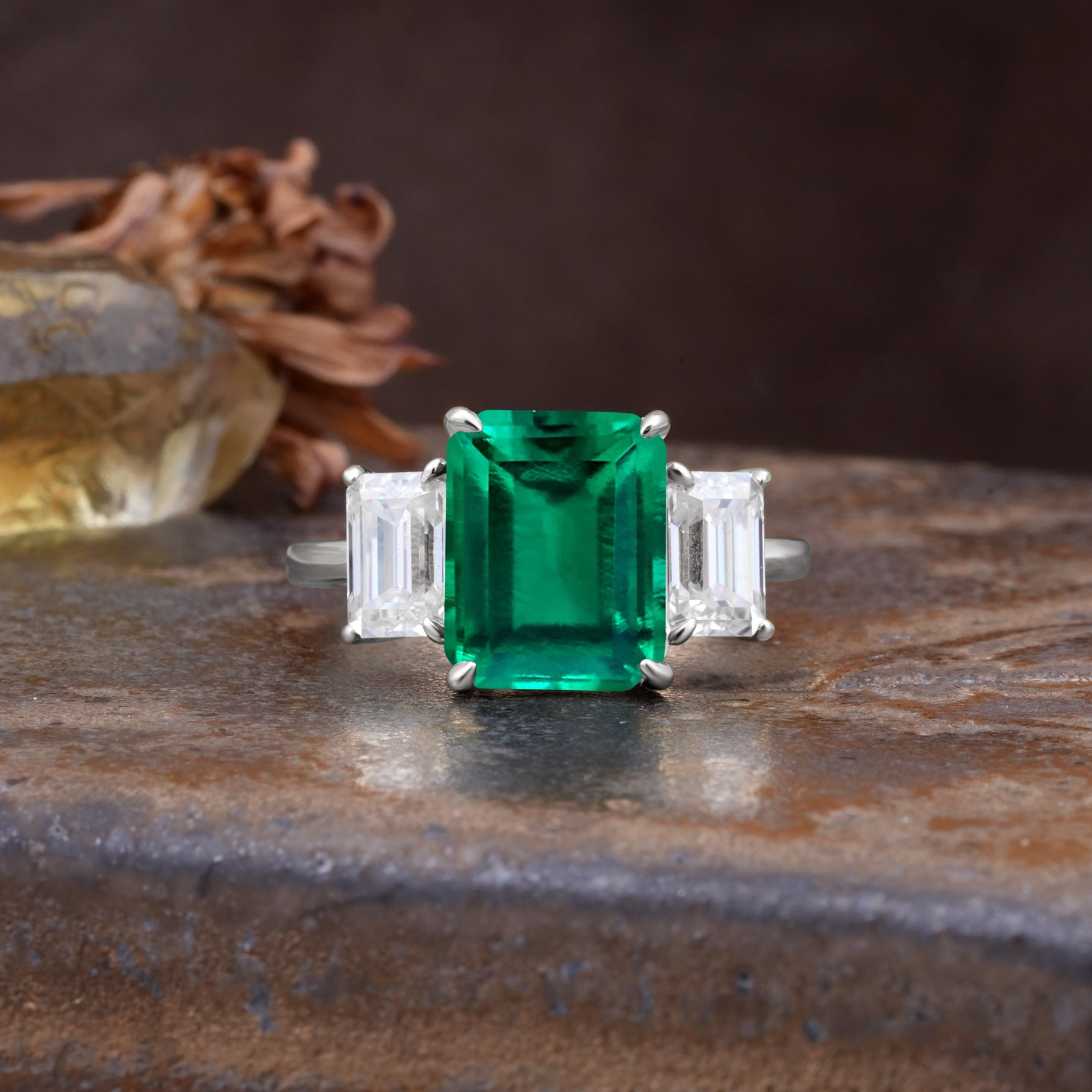 Classic, Luxurious 4-Prong Emerald Cut Emerald Three Stones Wedding Ring - Additional view