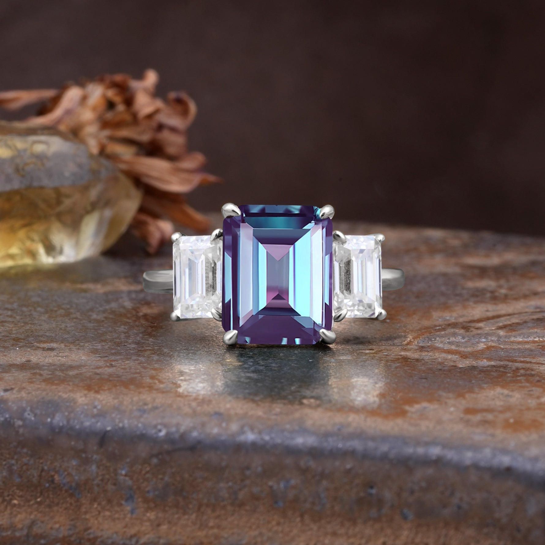 Classic, Luxurious 4-Prong Emerald Cut Alexandrite Three Stones Wedding Ring - Additional view