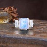 Classic, Luxurious 4-Prong Emerald Cut Moonstone Three Stones Wedding Ring - Additional view