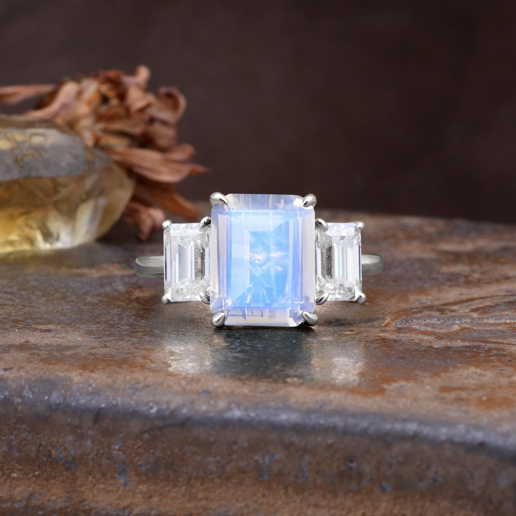 Classic, Luxurious 4-Prong Emerald Cut Moonstone Three Stones Wedding Ring - Additional view