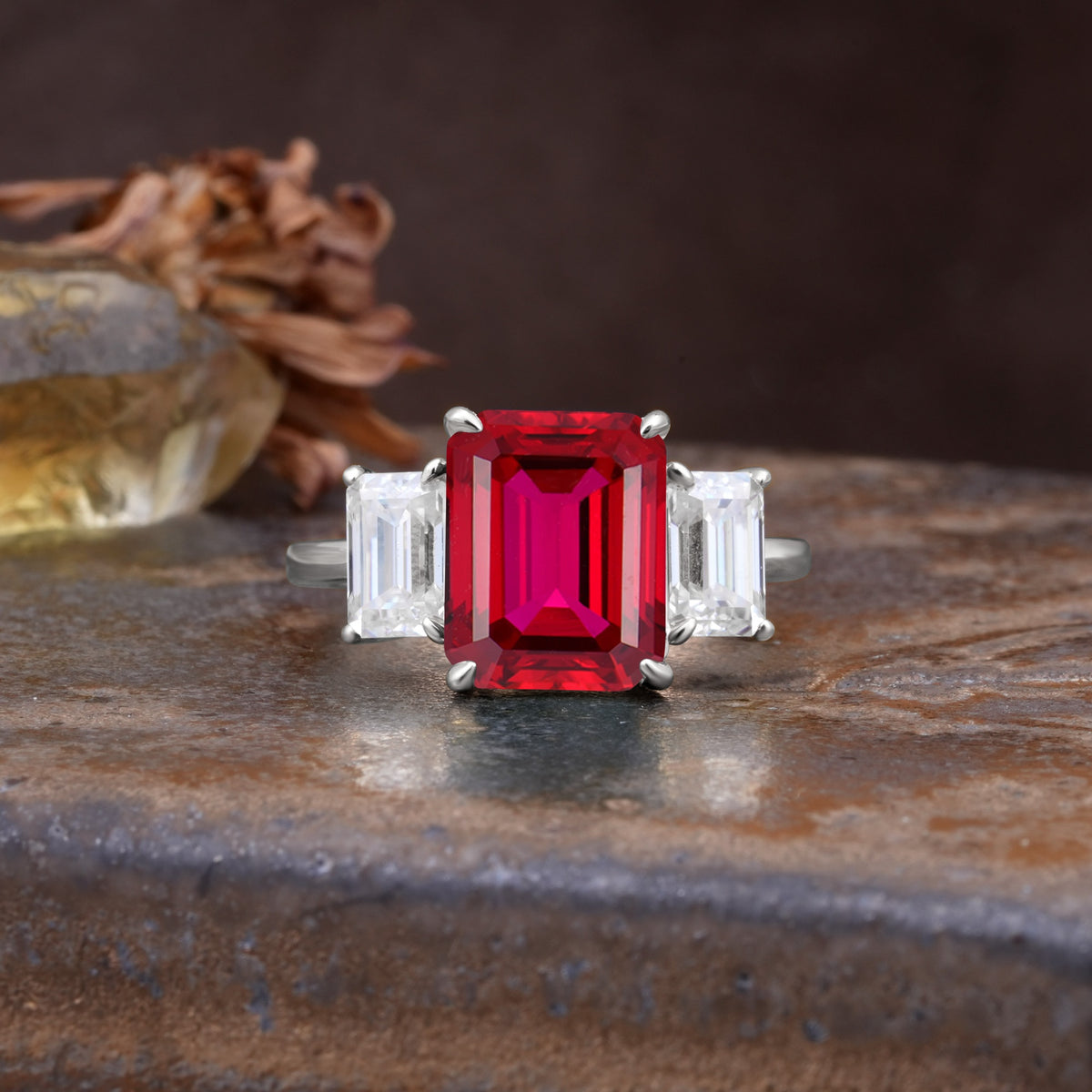 Classic, Luxurious 4-Prong Emerald Cut Ruby Three Stones Wedding Ring - Additional view