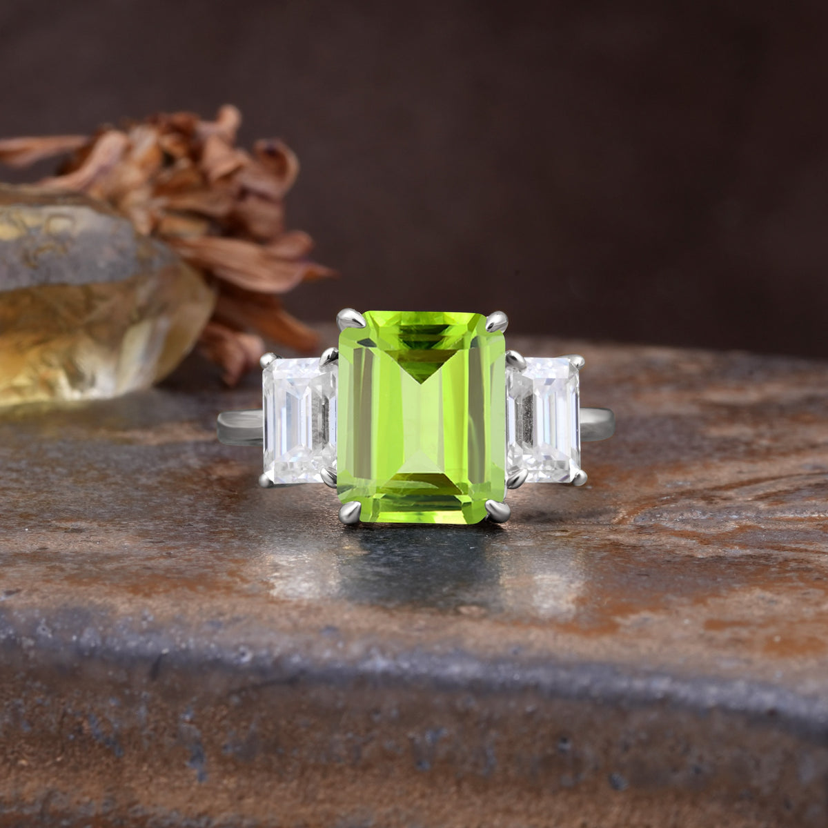 Classic, Luxurious 4-Prong Emerald Cut Peridot Three Stones Wedding Ring - Additional view