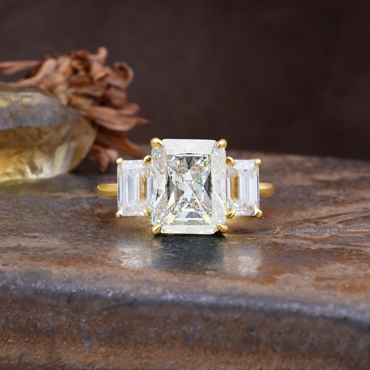 Classic, Luxurious 4-Prong Emerald Cut Moissanite Three Stones Wedding Ring - Additional view