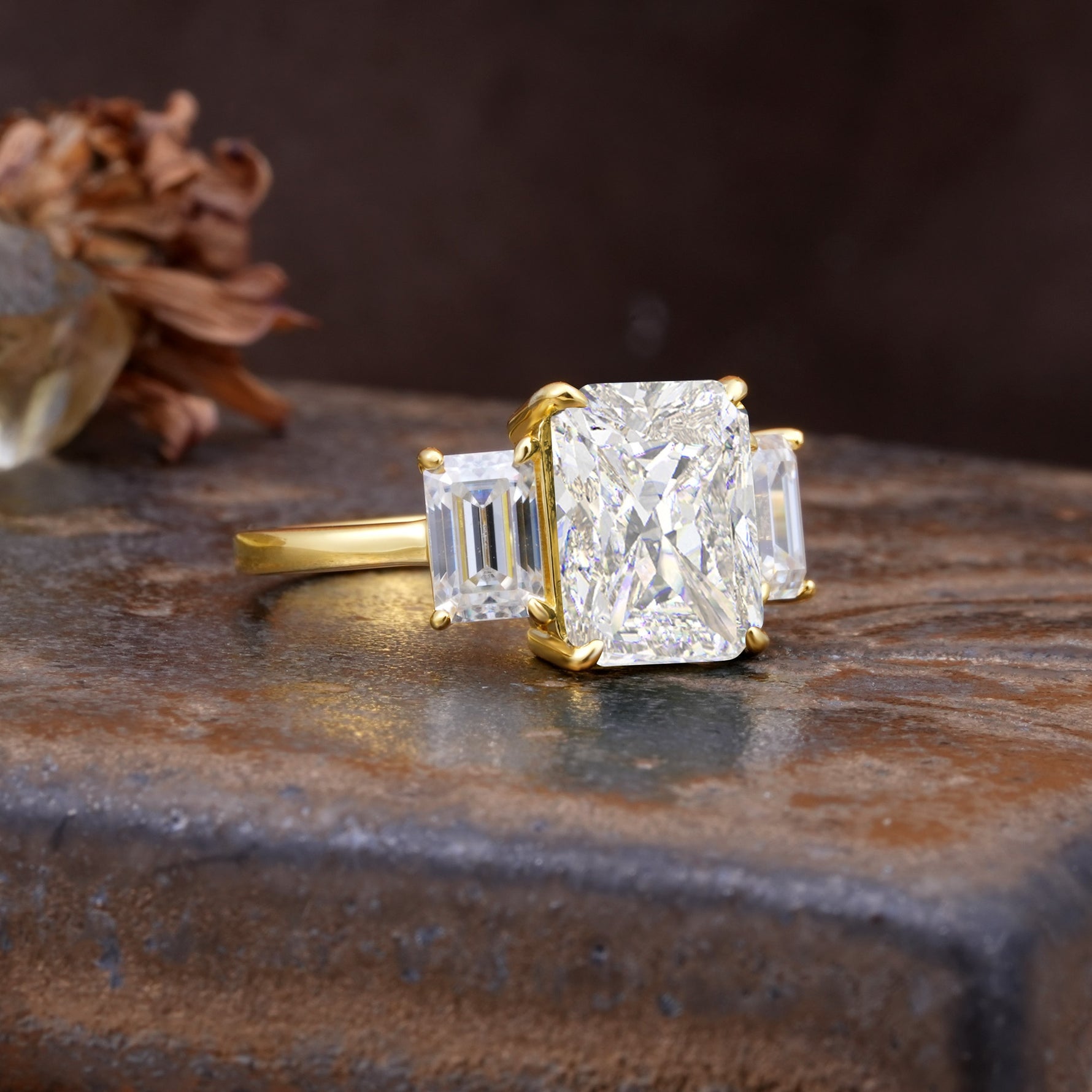 Classic, Luxurious 4-Prong Emerald Cut Moissanite Three Stones Wedding Ring - Additional view