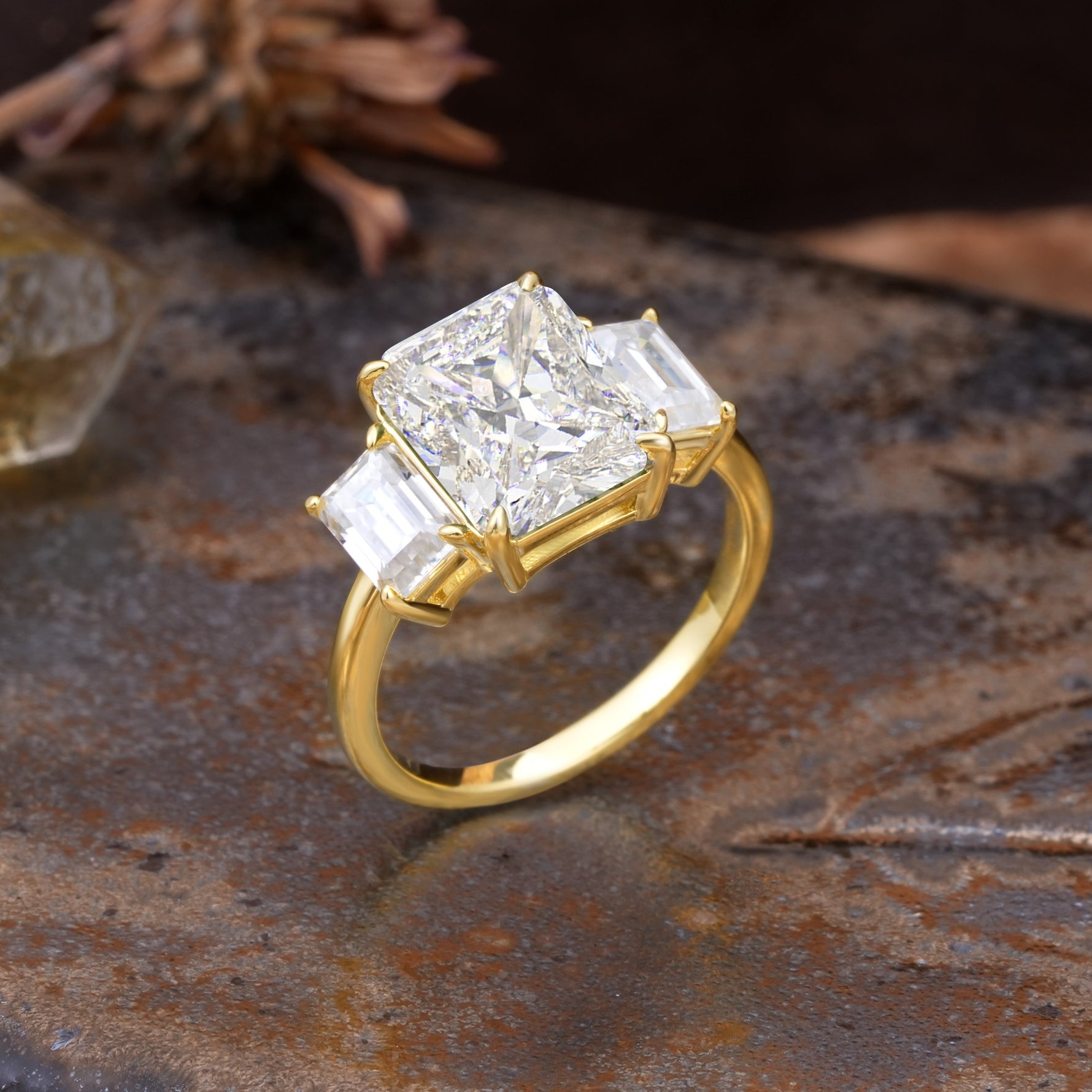 Classic, Luxurious 4-Prong Emerald Cut Moissanite Three Stones Wedding Ring - Additional view