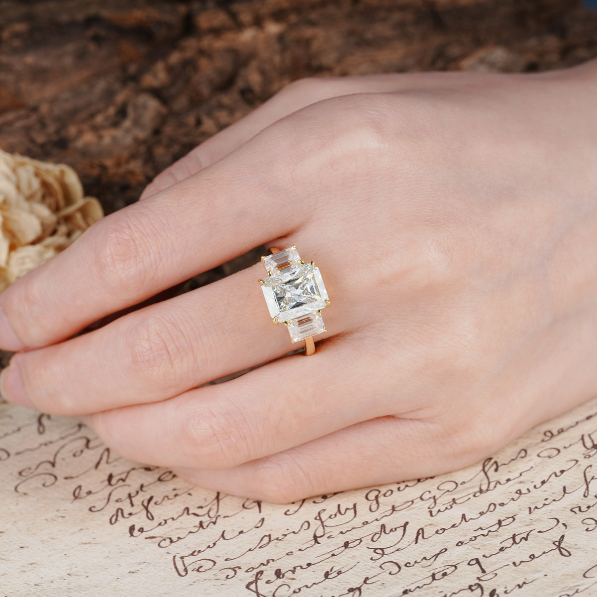 Classic, Luxurious 4-Prong Emerald Cut Moissanite Three Stones Wedding Ring - Additional view