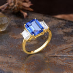Classic, Luxurious 4-Prong Emerald Cut Sapphire Three Stones Wedding Ring - Additional view