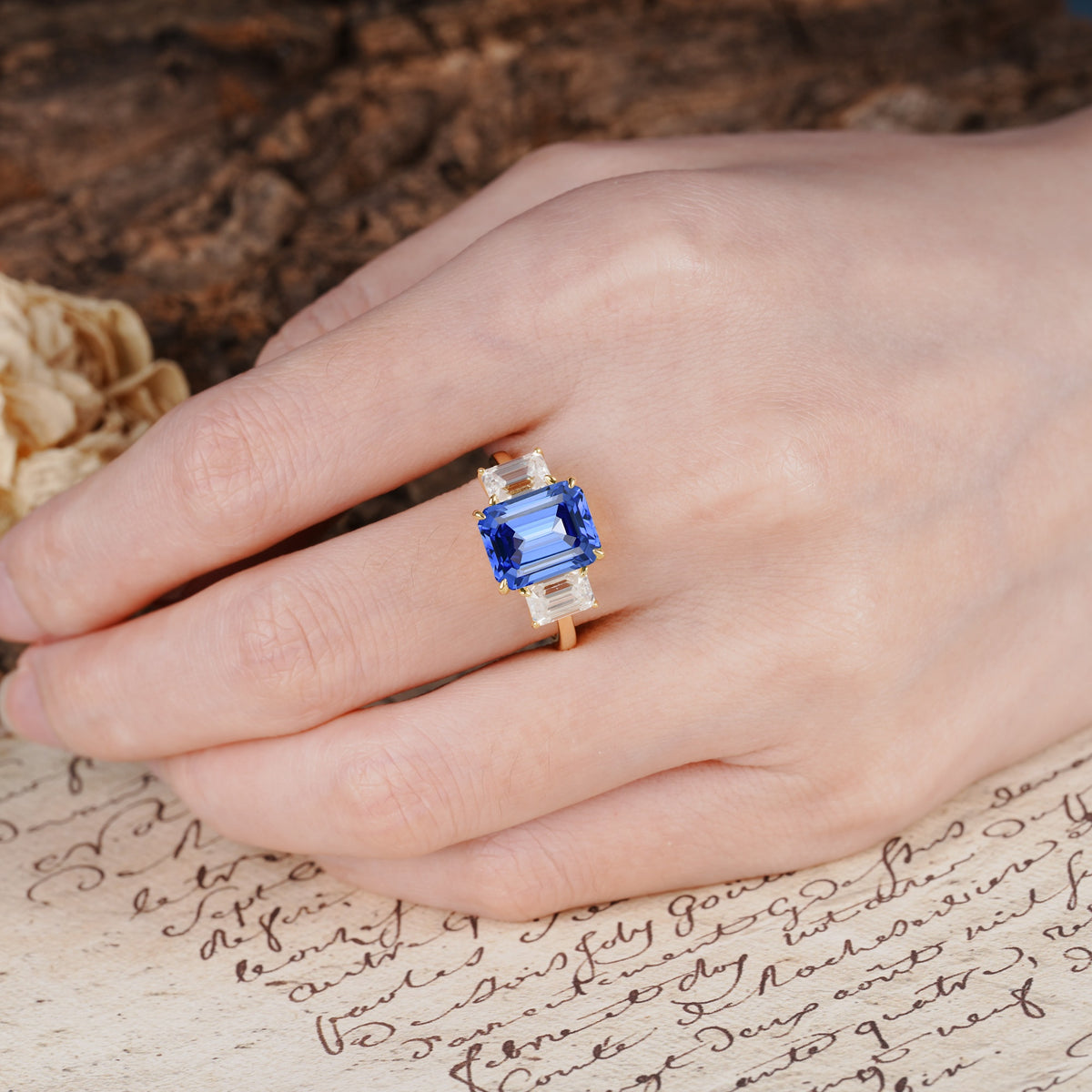 Classic, Luxurious 4-Prong Emerald Cut Sapphire Three Stones Wedding Ring - Additional view