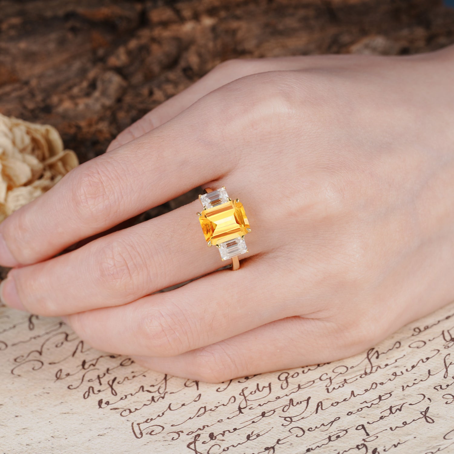 Classic, Luxurious 4-Prong Emerald Cut Citrine Three Stones Wedding Ring
