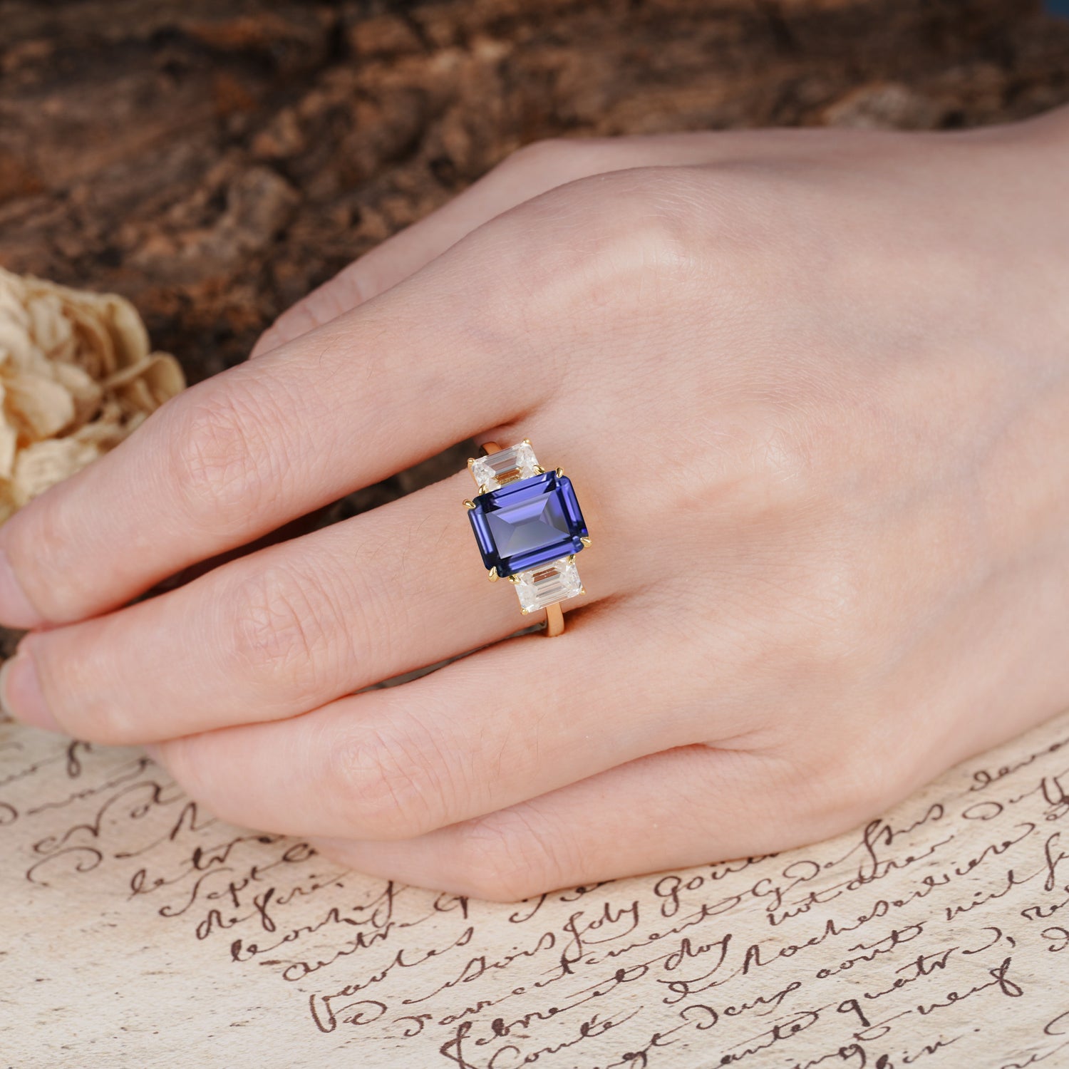 Classic, Luxurious 4-Prong Emerald Cut Tanzanite Three Stones Wedding Ring