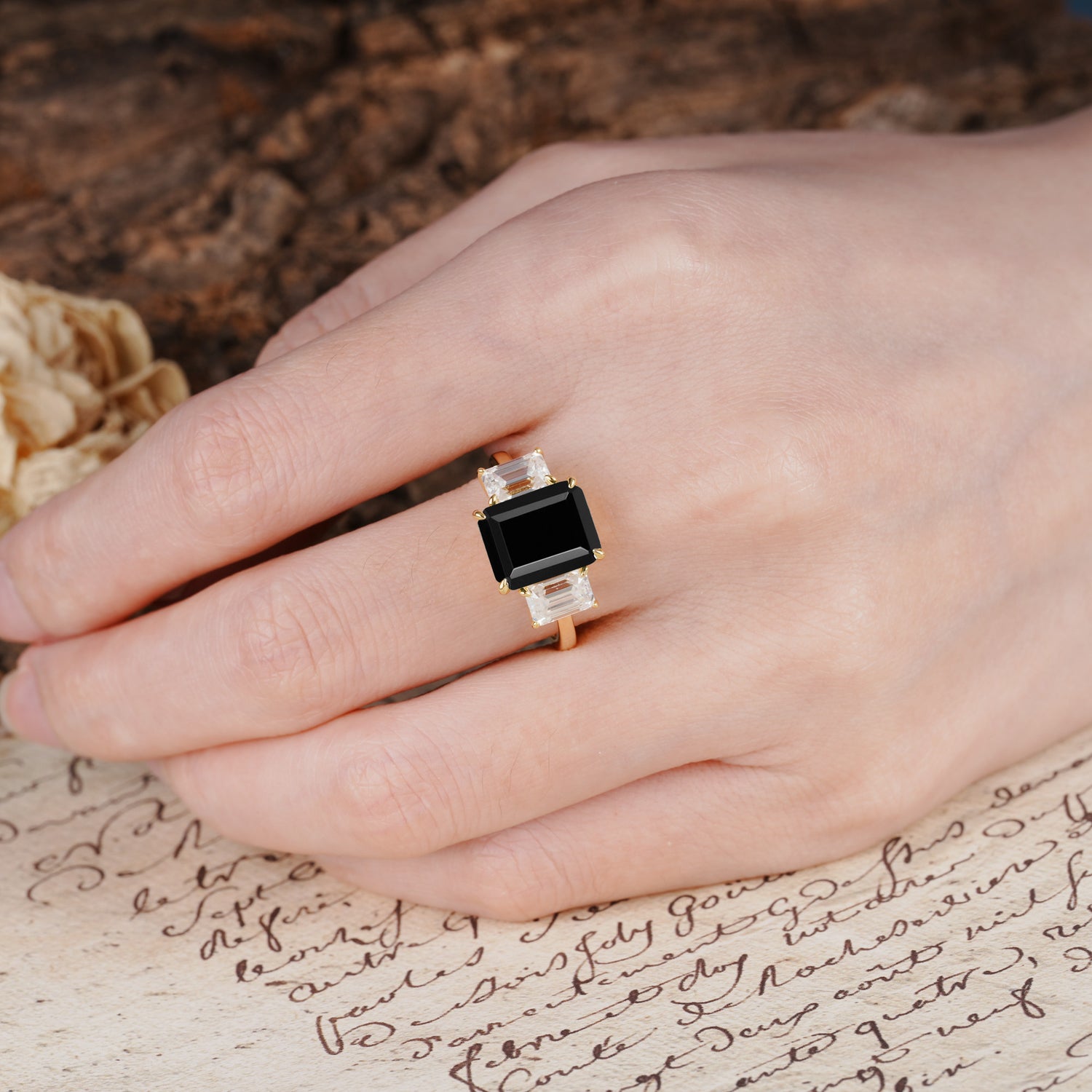 Classic, Luxurious 4-Prong Emerald Cut Black Onyx Three Stones Wedding Ring