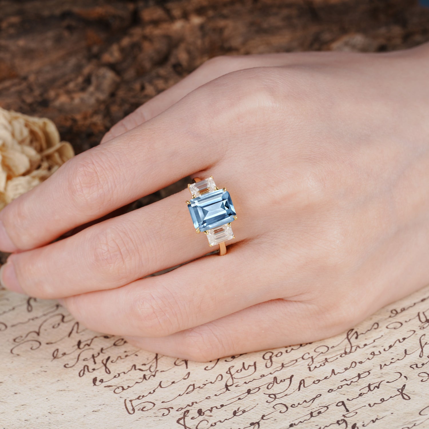 Classic, Luxurious 4-Prong Emerald Cut Aquamarine Three Stones Wedding Ring