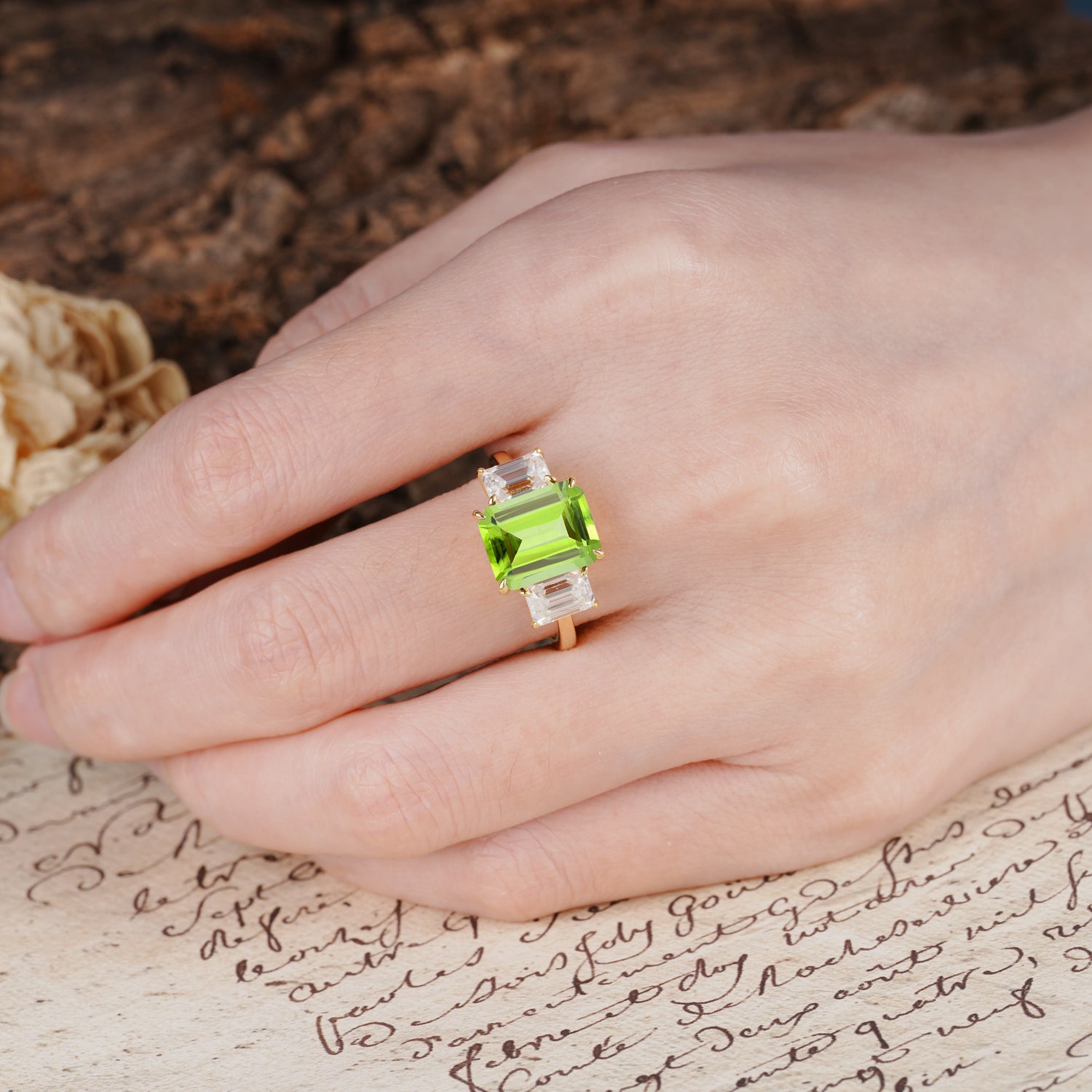 Classic, Luxurious 4-Prong Emerald Cut Peridot Three Stones Wedding Ring