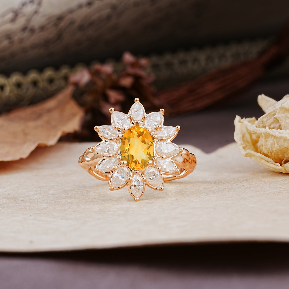 Nature-Inspired, Luxurious, and Unique Sunflower-Style 6-Prong Oval-Cut Citrine Engagement Ring - Additional view