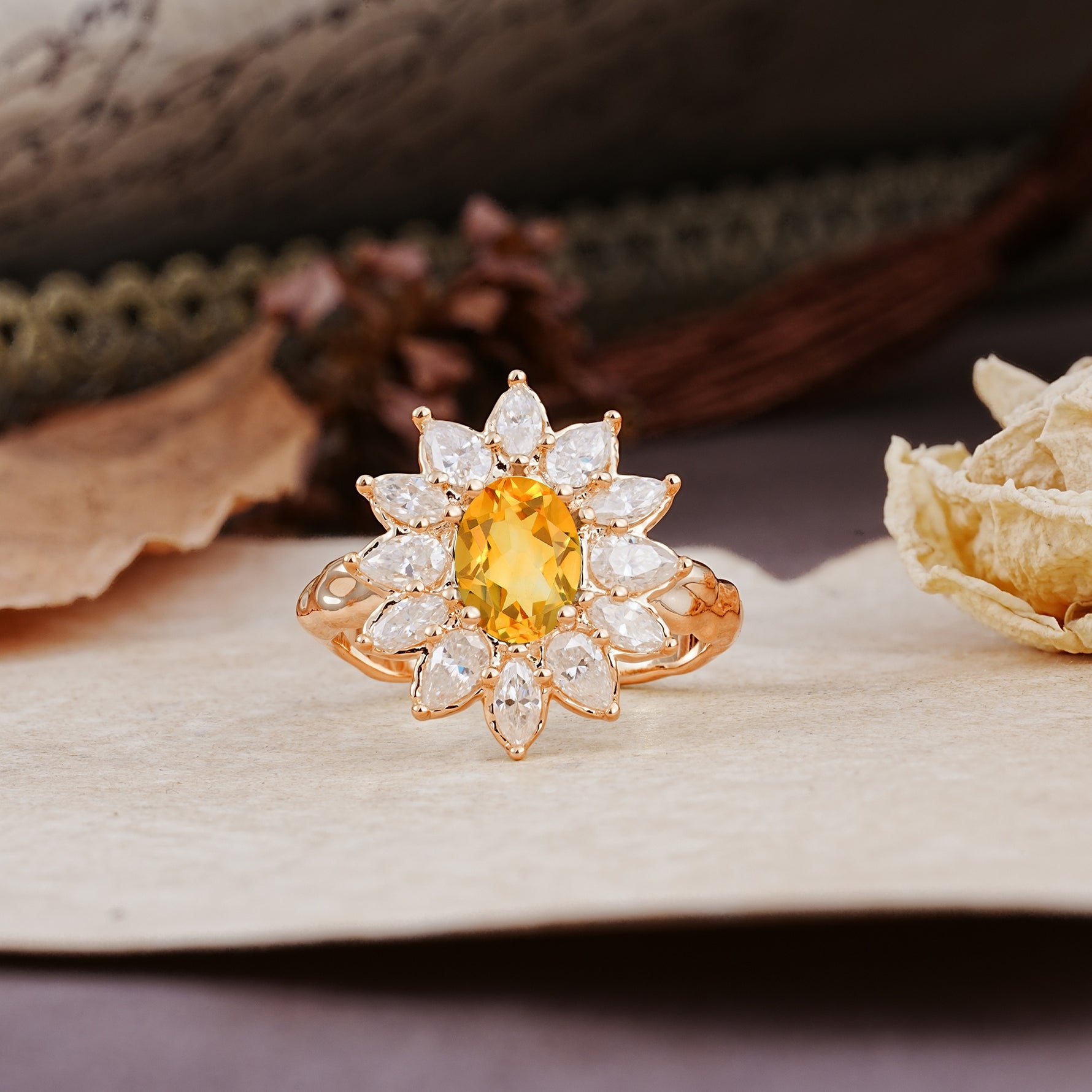 Nature-Inspired, Luxurious, and Unique Sunflower-Style 6-Prong Oval-Cut Citrine Engagement Ring - Additional view
