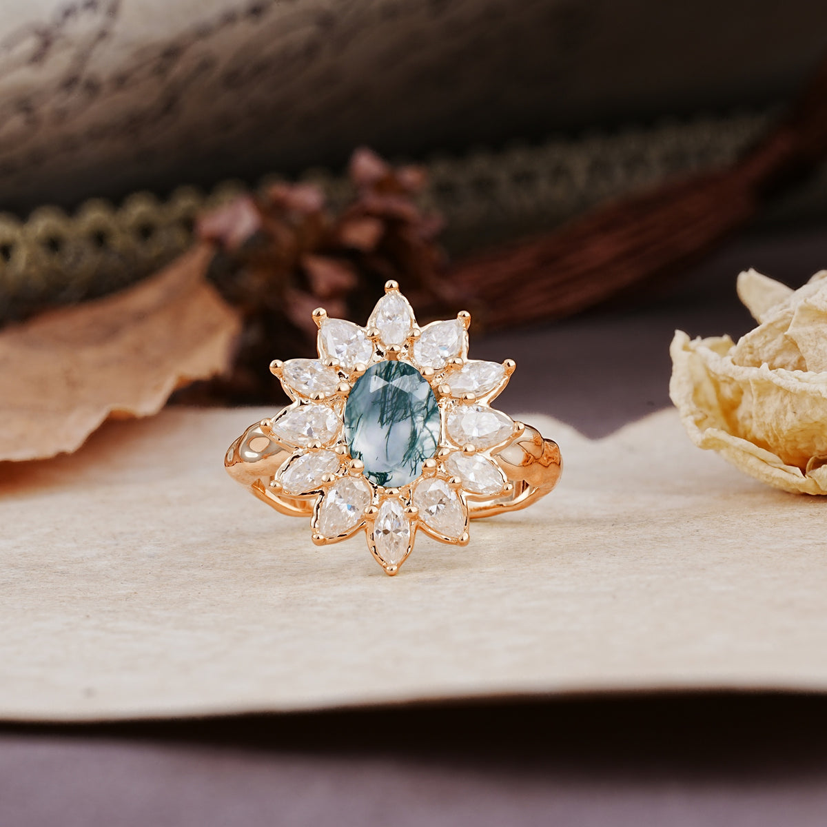 Nature-Inspired, Luxurious, and Unique Sunflower-Style 6-Prong Oval-Cut Moss Agate Engagement Ring - Additional view