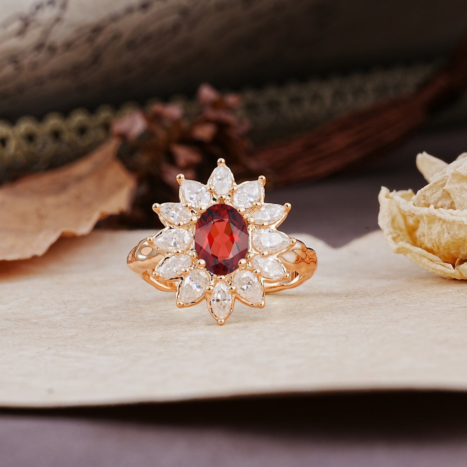 Nature-Inspired, Luxurious, and Unique Sunflower-Style 6-Prong Oval-Cut Garnet Engagement Ring - Additional view