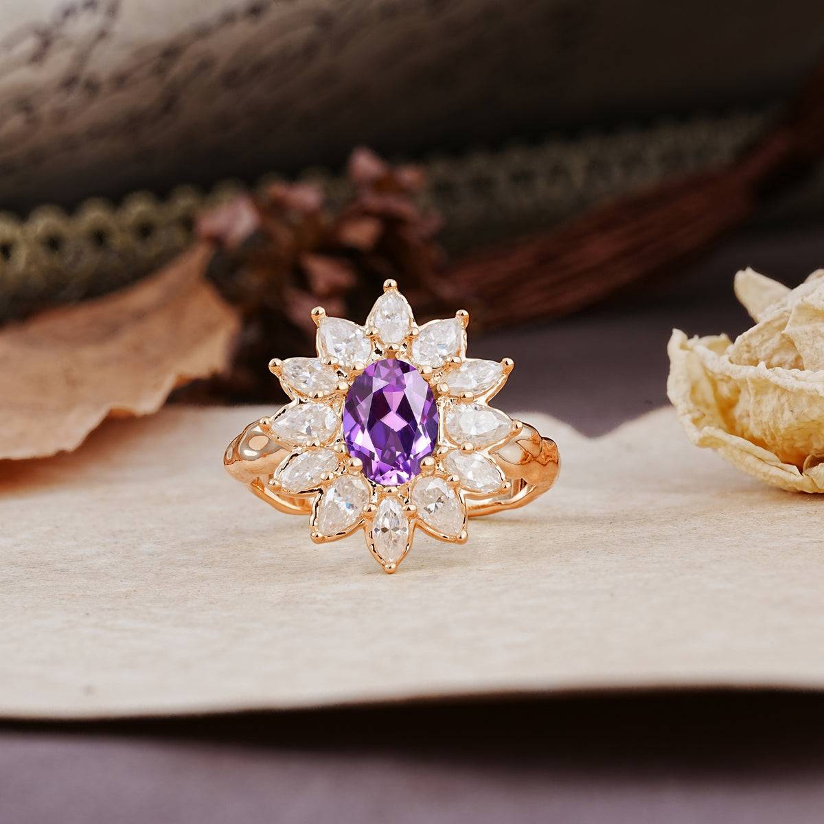 Nature-Inspired, Luxurious, and Unique Sunflower-Style 6-Prong Oval-Cut Amethyst Engagement Ring - Additional view