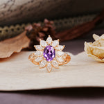 Nature-Inspired, Luxurious, and Unique Sunflower-Style 6-Prong Oval-Cut Amethyst Engagement Ring - Additional view