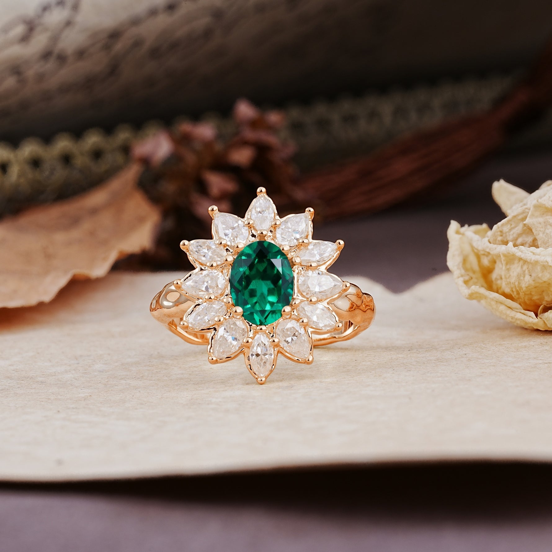 Nature-Inspired, Luxurious, and Unique Sunflower-Style 6-Prong Oval-Cut Emerald Engagement Ring - Additional view