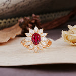Nature-Inspired, Luxurious, and Unique Sunflower-Style 6-Prong Oval-Cut Ruby Engagement Ring - Additional view