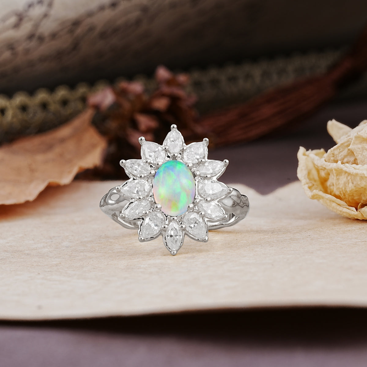 Nature-Inspired, Luxurious, and Unique Sunflower-Style 6-Prong Oval-Cut Fire Opal Engagement Ring - Additional view