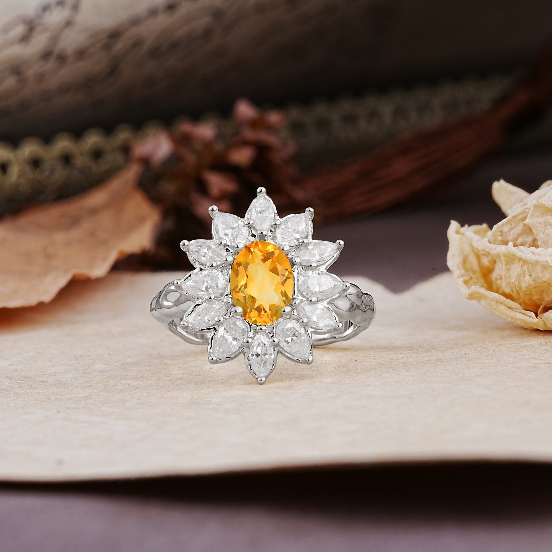 Nature-Inspired, Luxurious, and Unique Sunflower-Style 6-Prong Oval-Cut Citrine Engagement Ring - Additional view