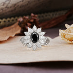 Nature-Inspired, Luxurious, and Unique Sunflower-Style 6-Prong Oval-Cut Black Onyx Engagement Ring - Additional view