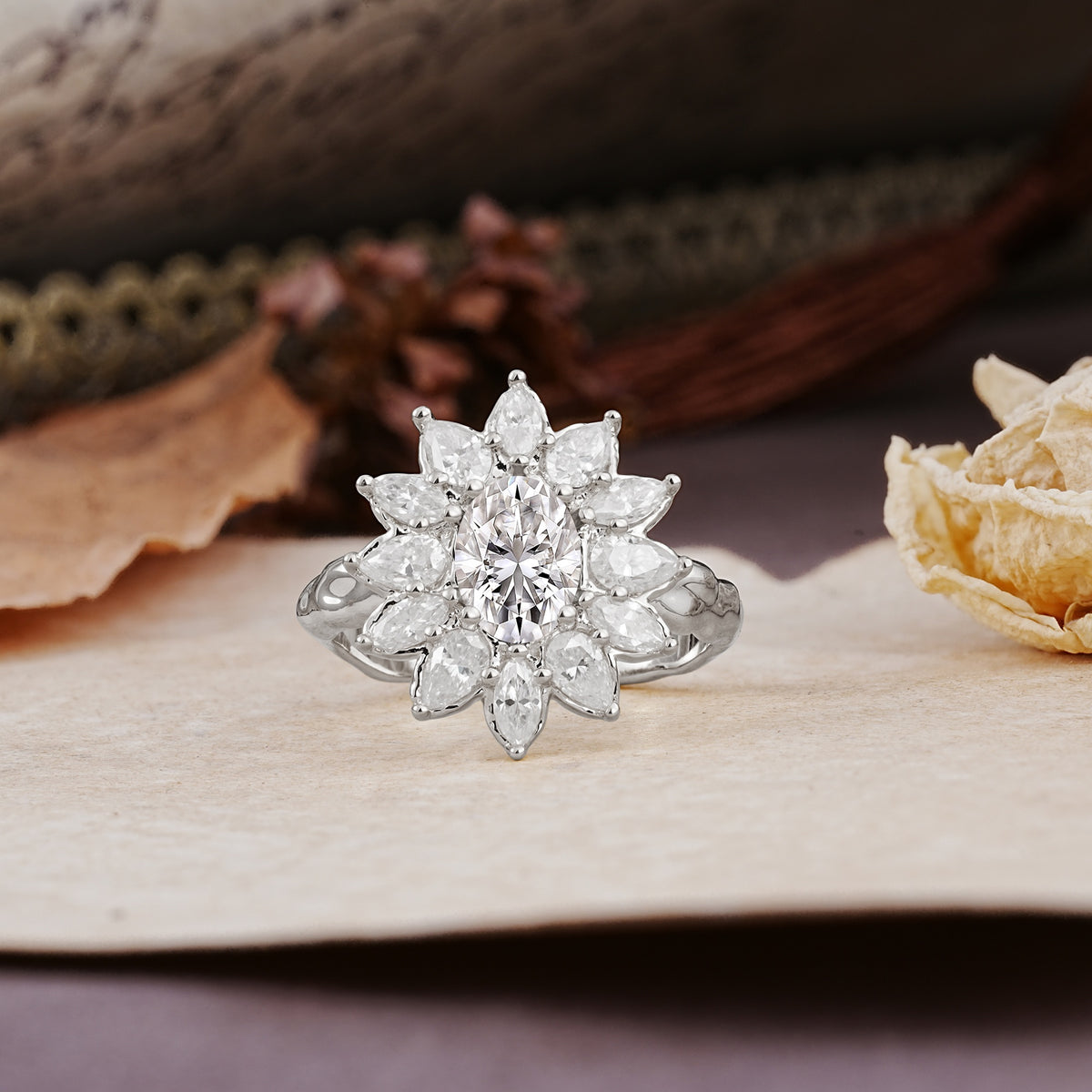 Nature-Inspired, Luxurious, and Unique Sunflower-Style 6-Prong Oval-Cut Lab Diamond Engagement Ring - Additional view
