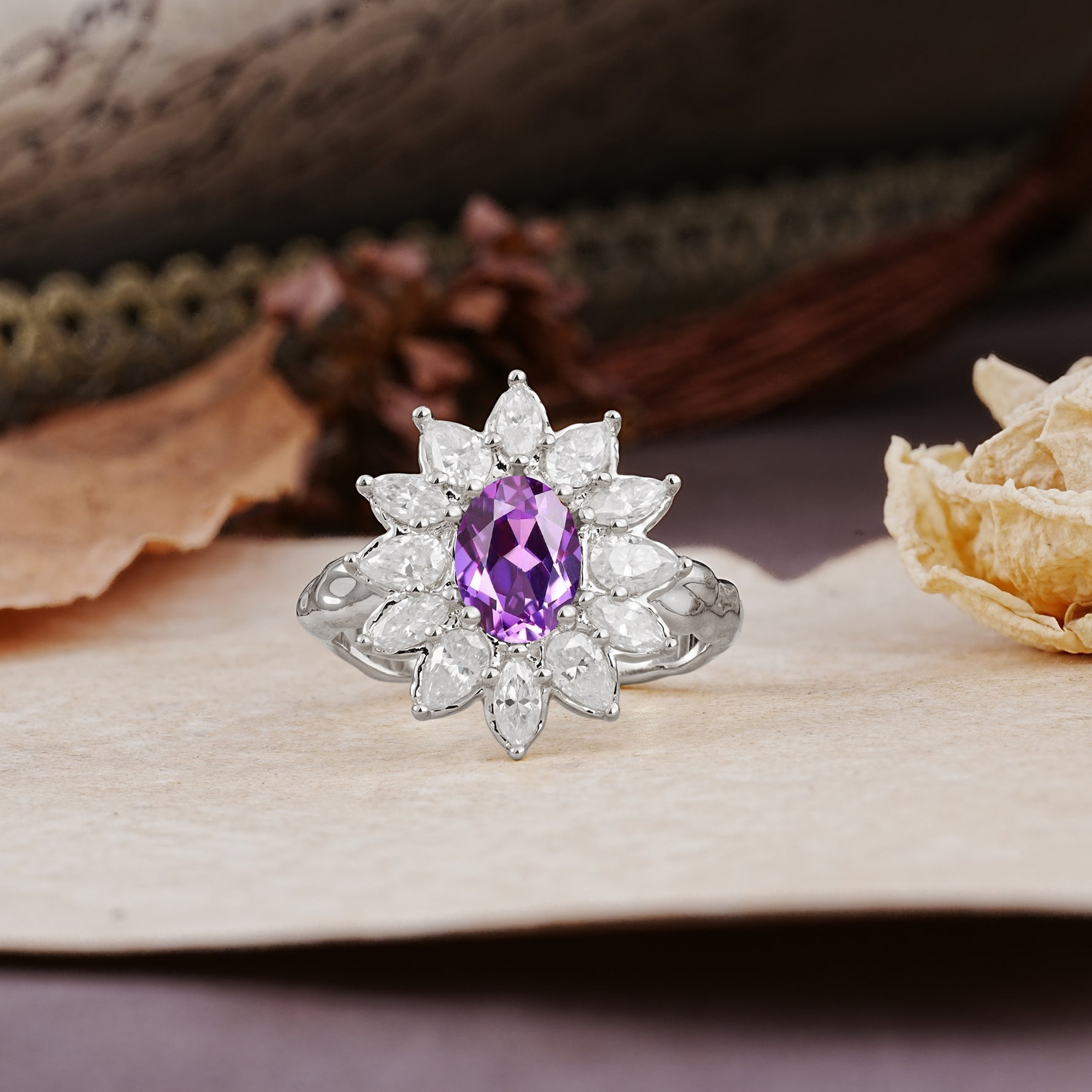Nature-Inspired, Luxurious, and Unique Sunflower-Style 6-Prong Oval-Cut Amethyst Engagement Ring - Additional view