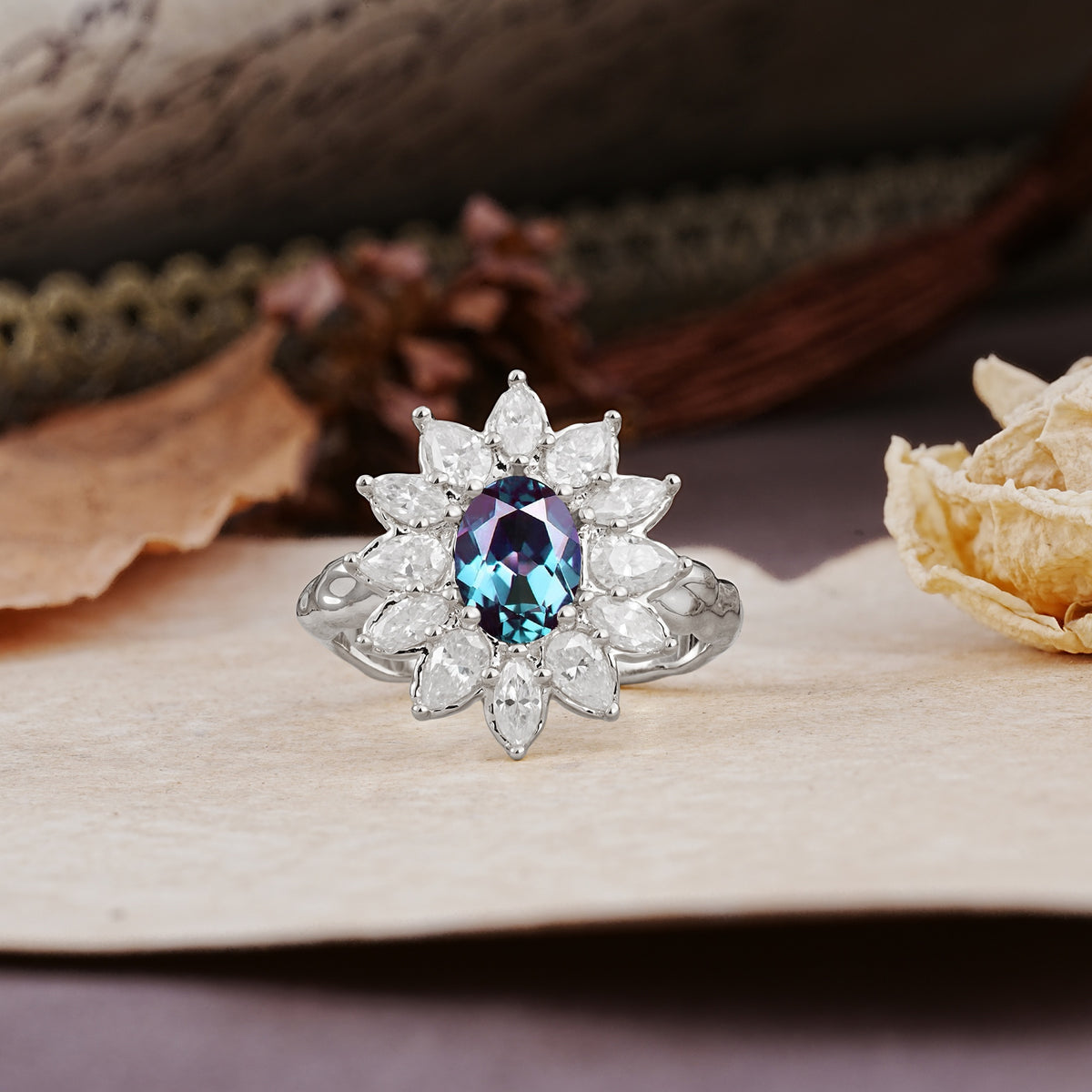 Nature-Inspired, Luxurious, and Unique Sunflower-Style 6-Prong Oval-Cut Alexandrite Engagement Ring - Additional view